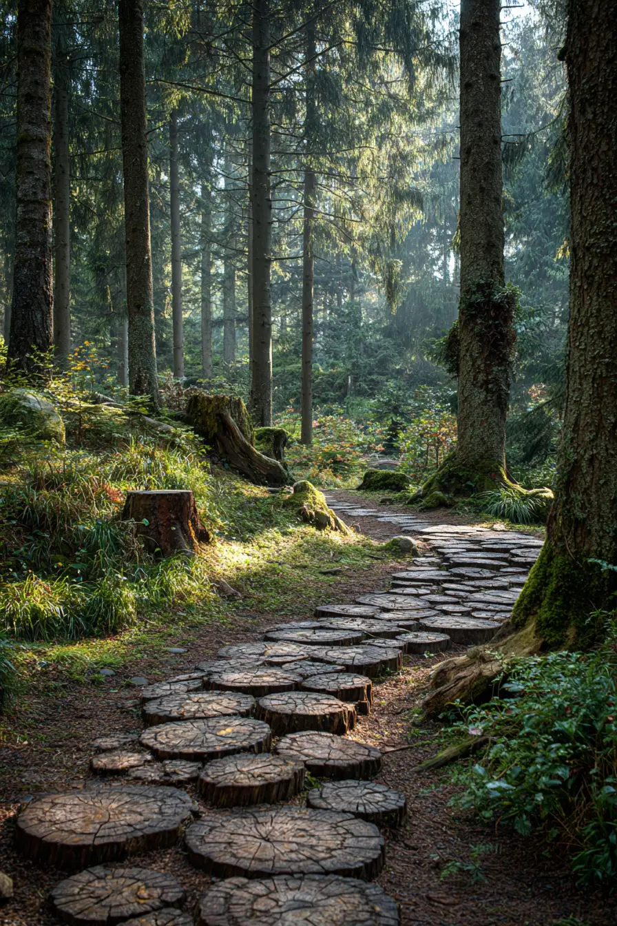 Rustic Log Slice Walkway in the Woods