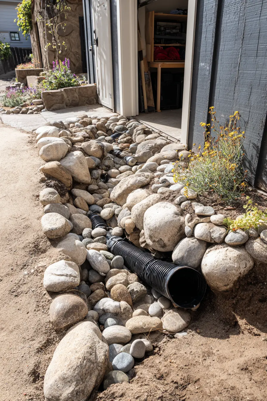 French Drain with Rock-Lined Channel