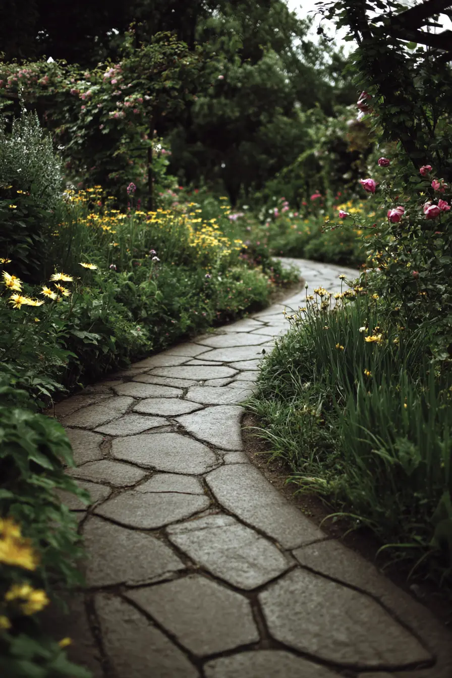 Rustic Cement Walkway with Garden Wildflowers