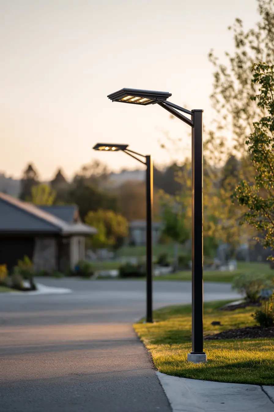 Contemporary Driveway with Sleek Pole Lighting