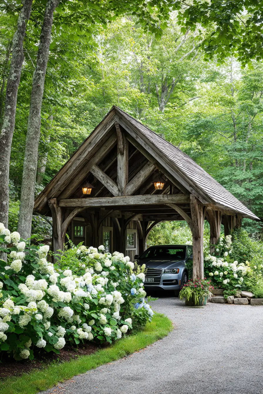 Cottage-Style Driveway Cover with Rustic Timber Frame