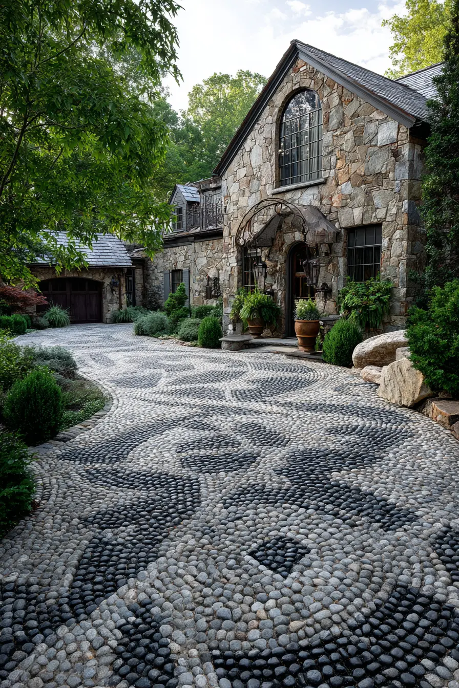 Intricate Pebble Cobblestone Driveway with Rustic Appeal