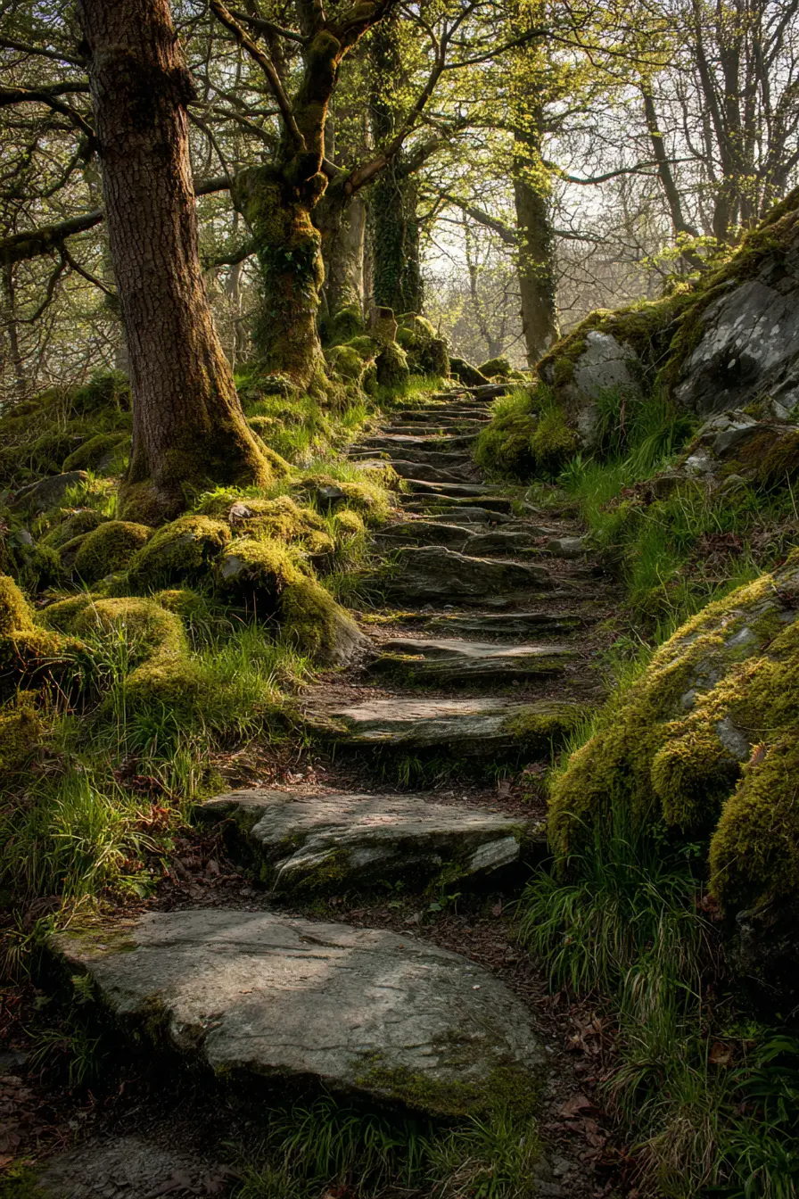 Moss-Covered Stone Steps in a Woodland Hillside