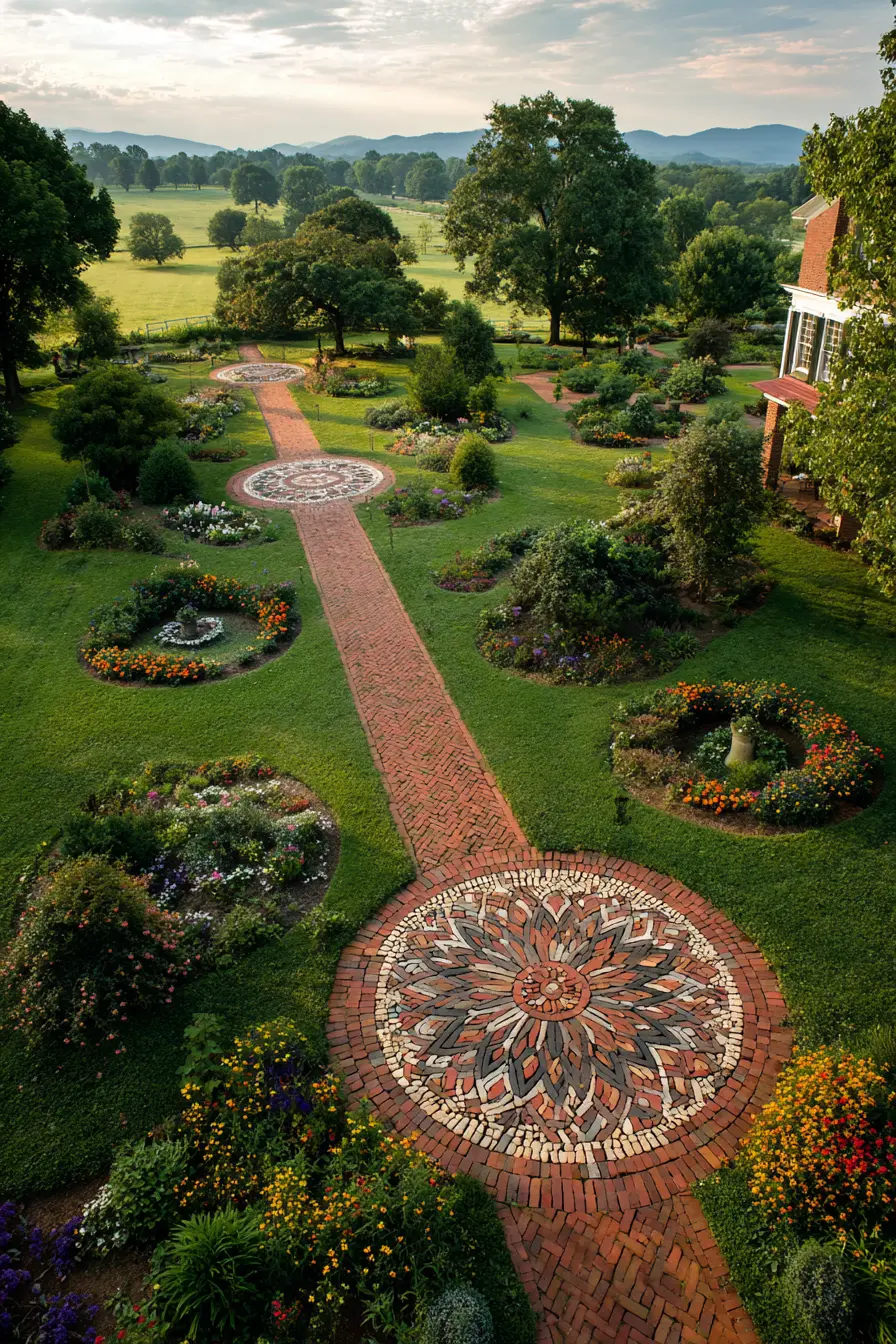 Decorative Circular Brick Mosaic in Garden Path