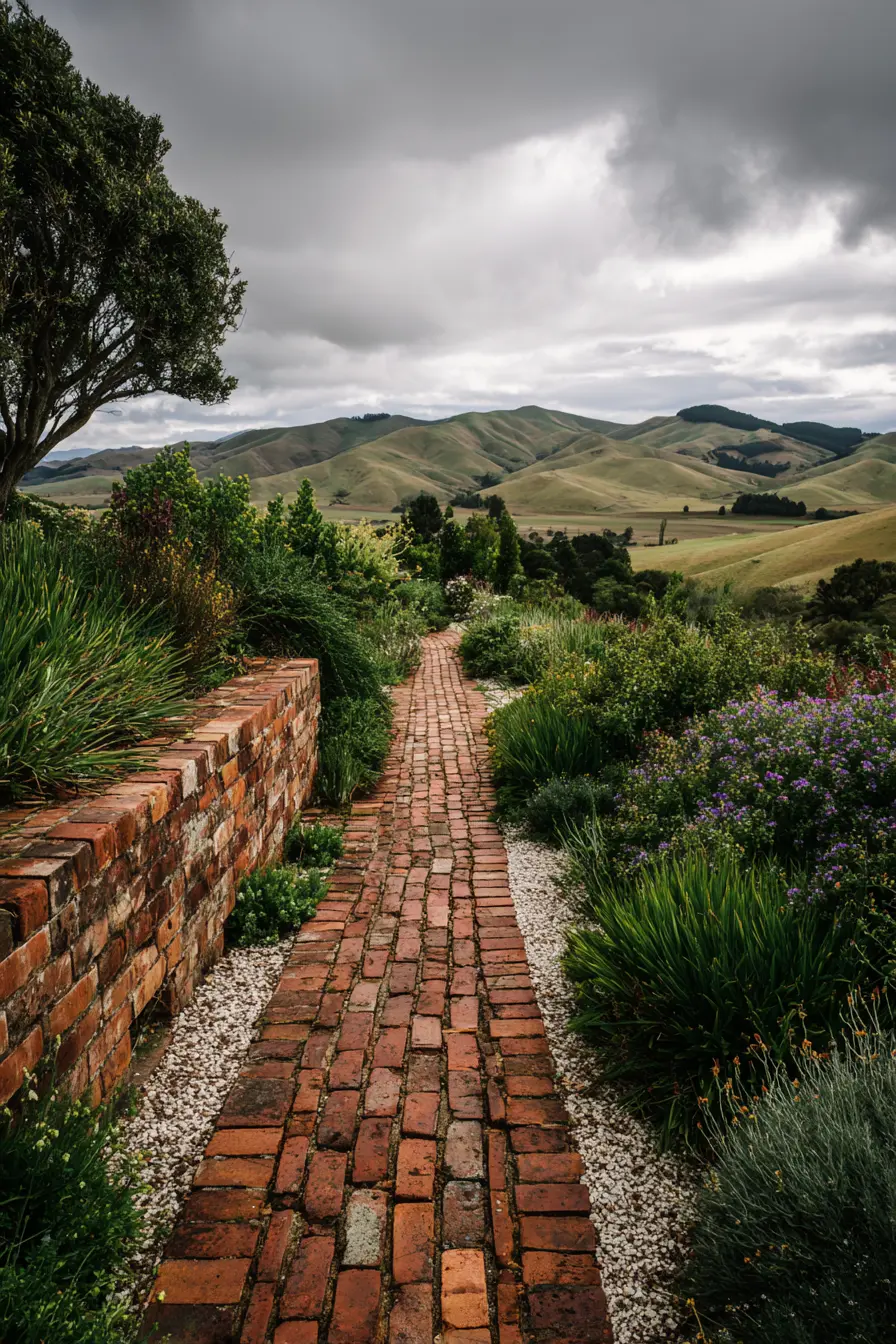Brick and Gravel Pathway with Scenic Mountain Views