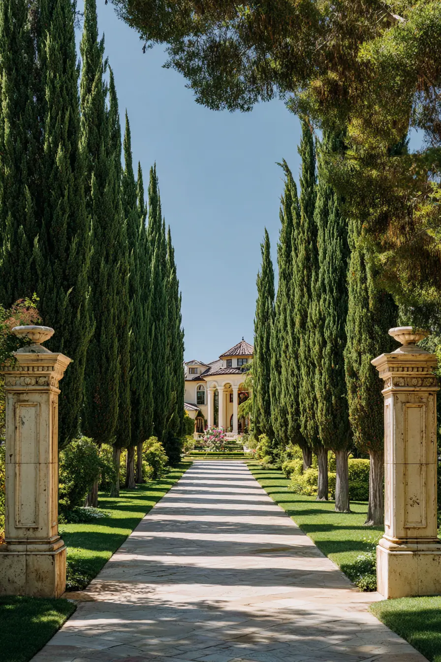 Grand Driveway with Cypress-Lined Entrance