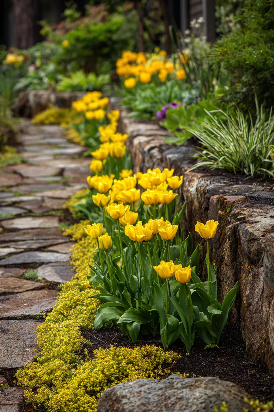 Yellow Tulips with Low-Growing Ground Cover for a Bright Pathway