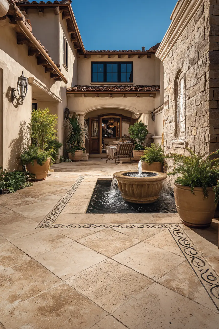 Mediterranean Patio Driveway with Fountain Accent