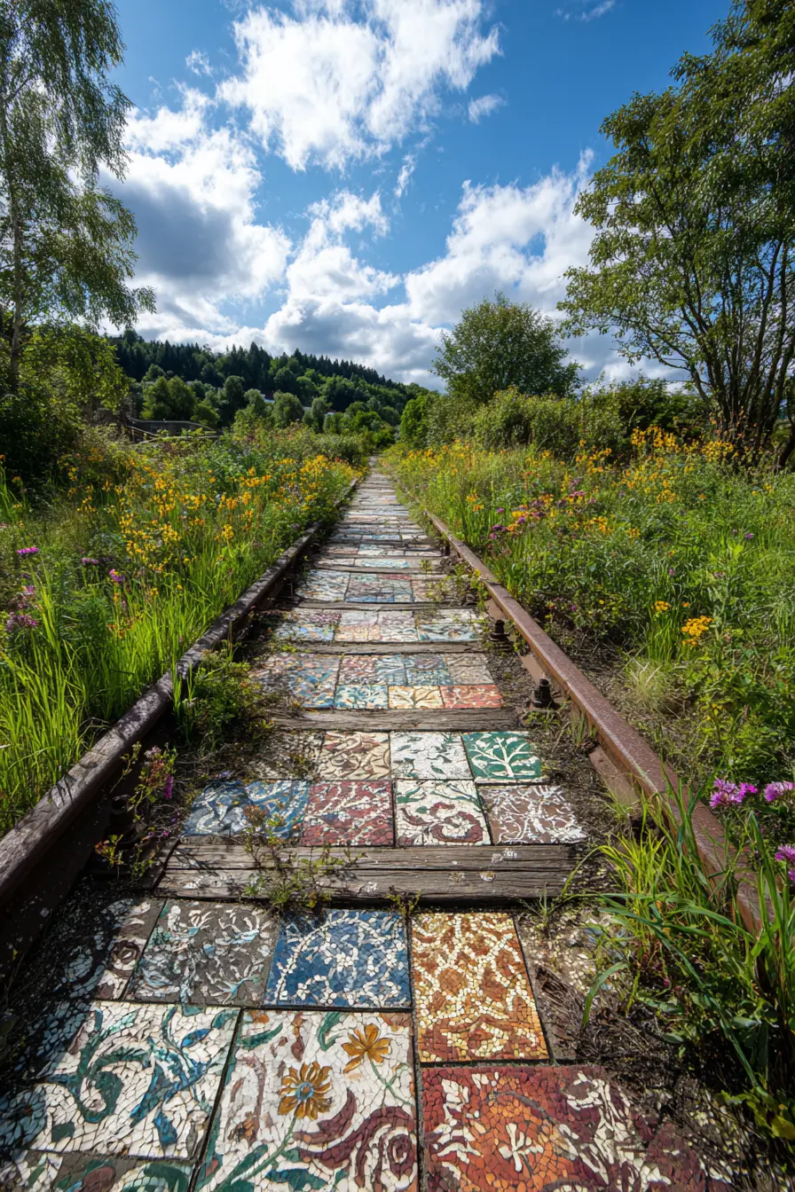 Artistic Railroad Tie Walkway with Mosaic Tiles
