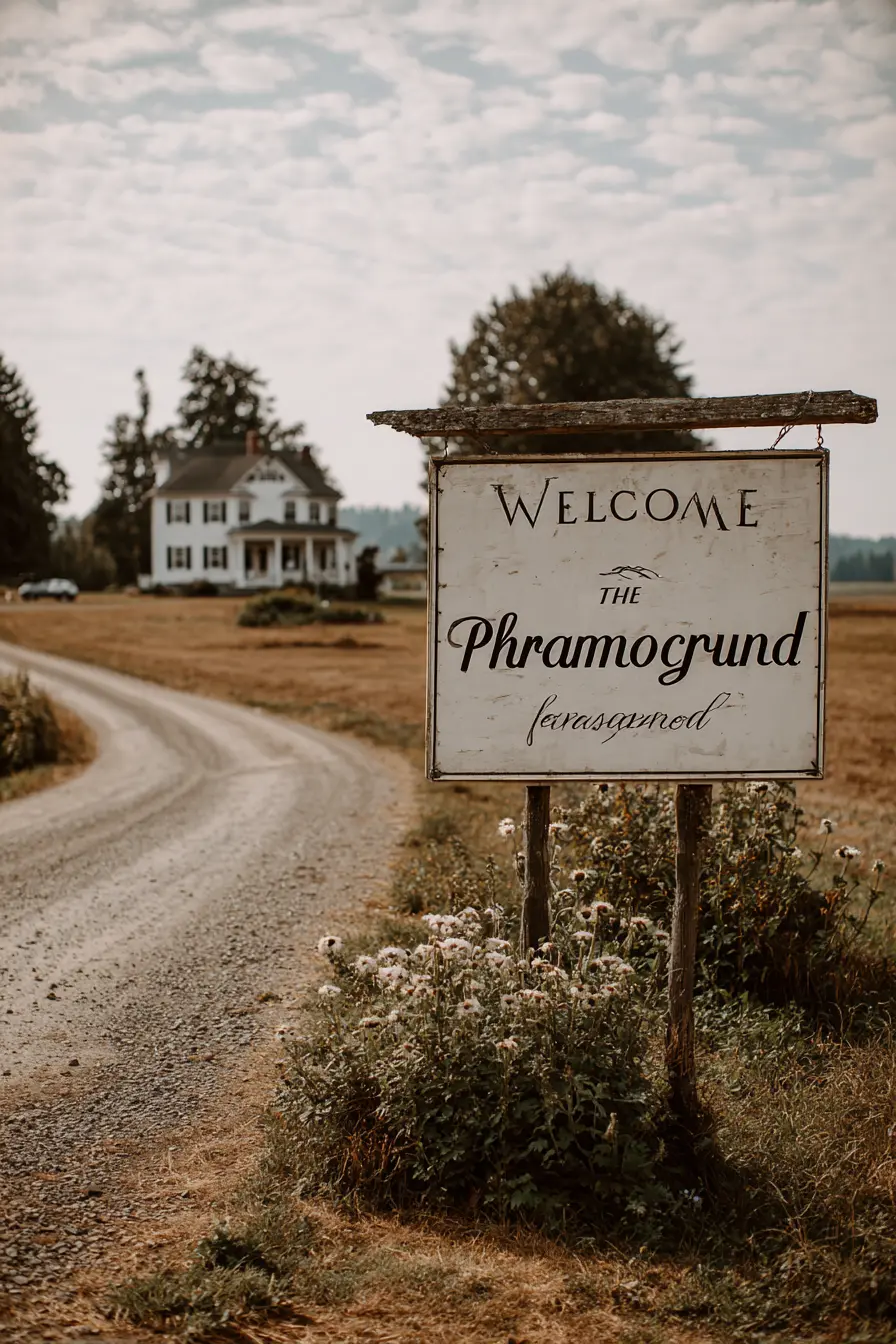 Farmhouse Driveway Entrance with a Rustic Welcome Sign
