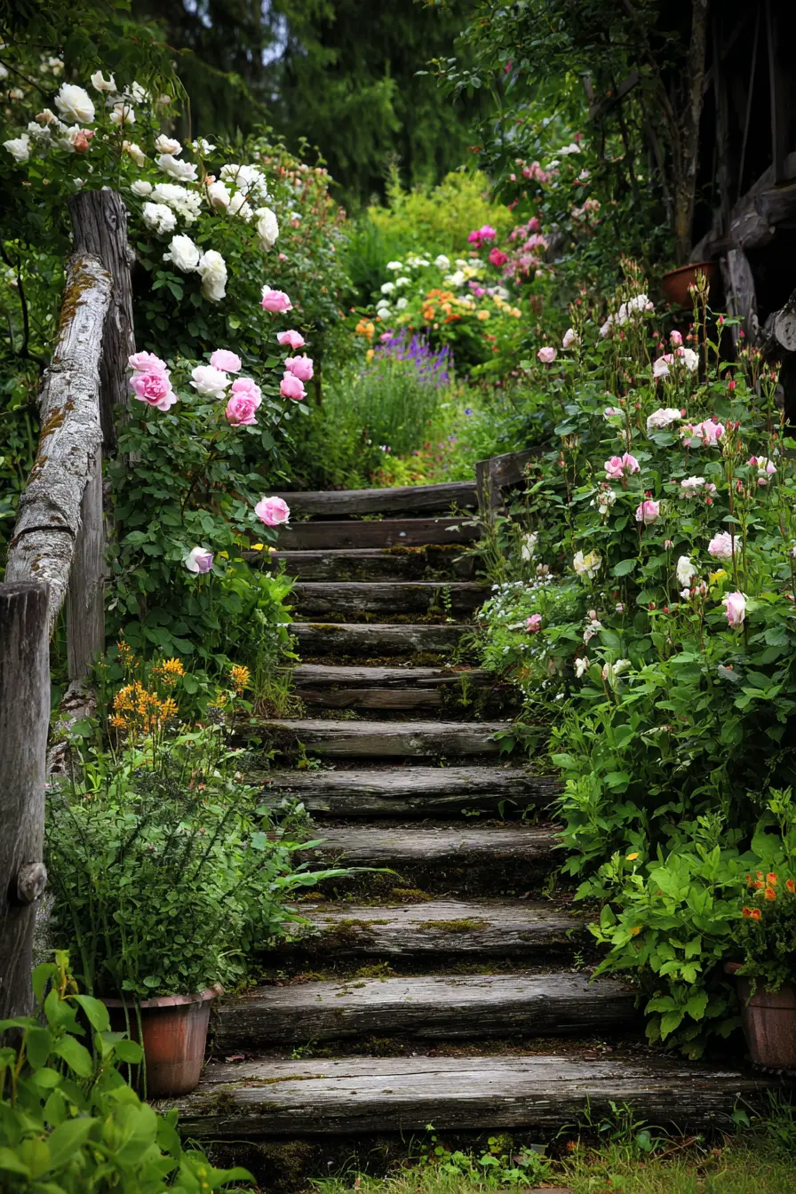 Romantic Wooden Steps Surrounded by Roses