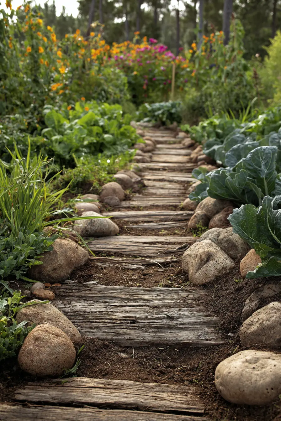 Wooden Plank Pathway with Rustic Stone Borders