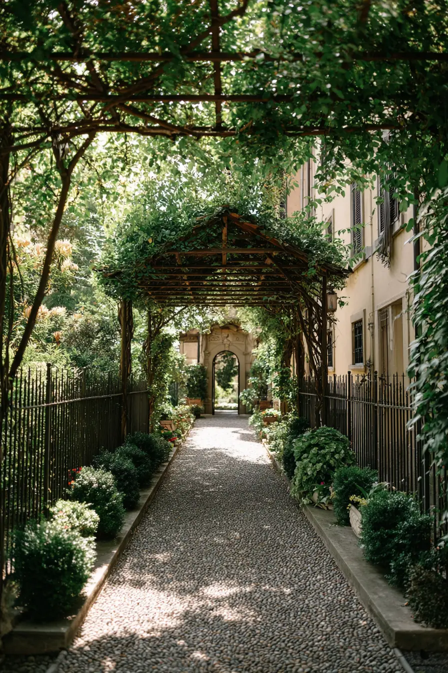 Enchanting Gravel Driveway with Green Archway