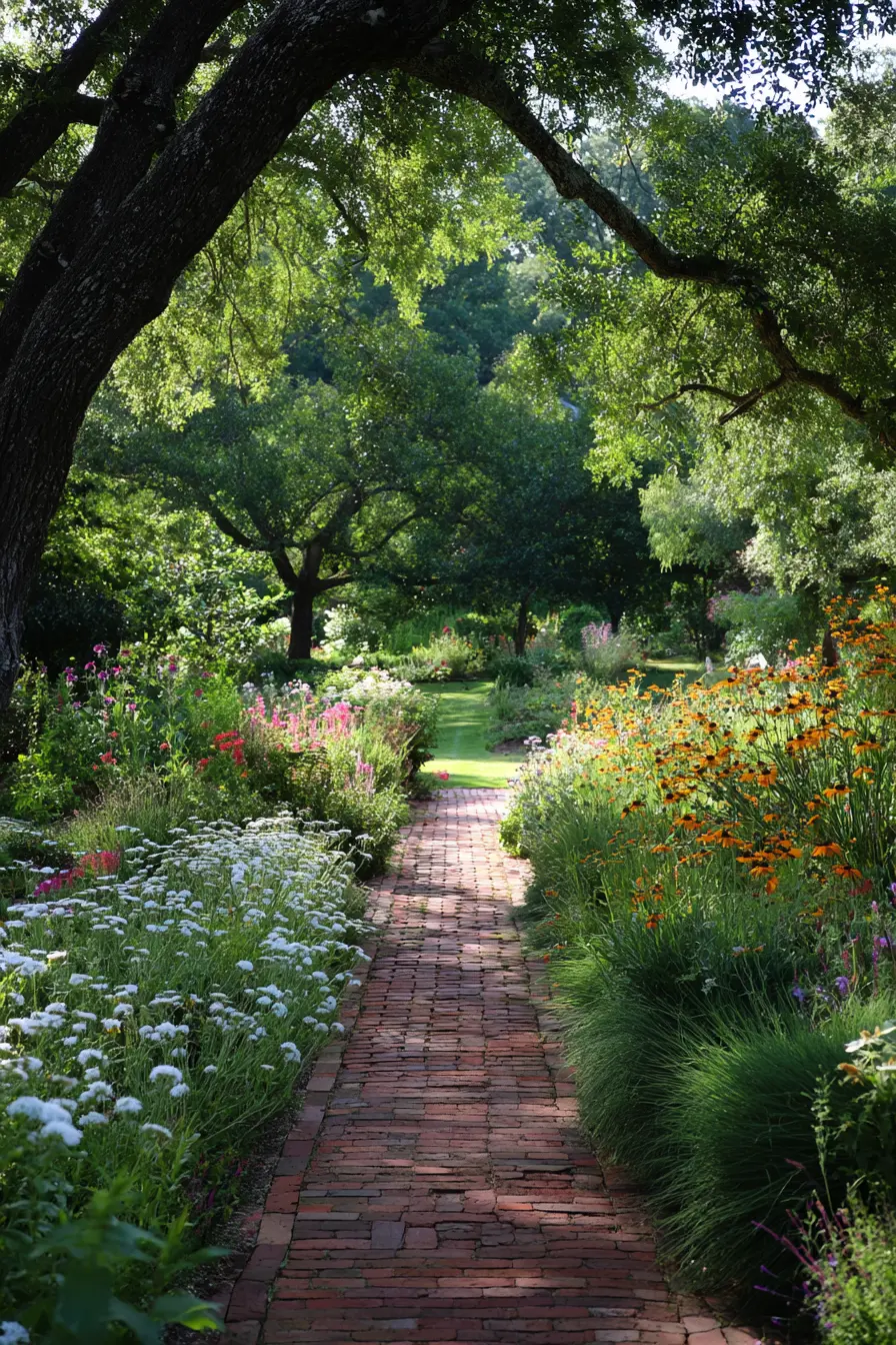 Brick Pathway Framed by Flowers and Trees