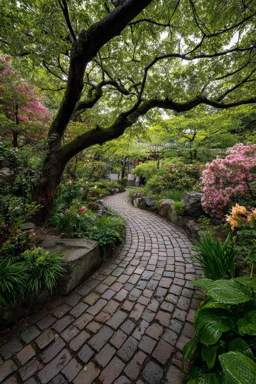 Curved Cobblestone Pathway in a Blooming Garden