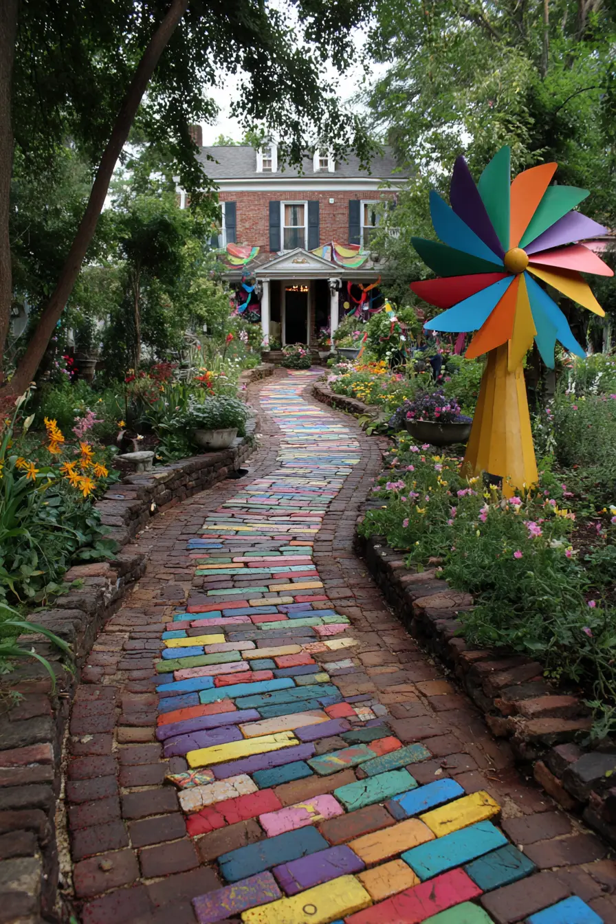 Playful Rainbow Brick Paver Path