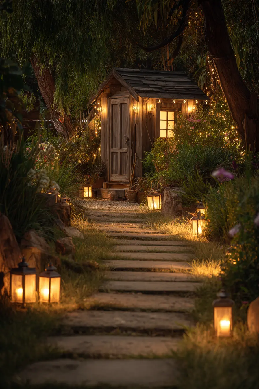 Enchanted Lantern Walkway to a Garden Shed