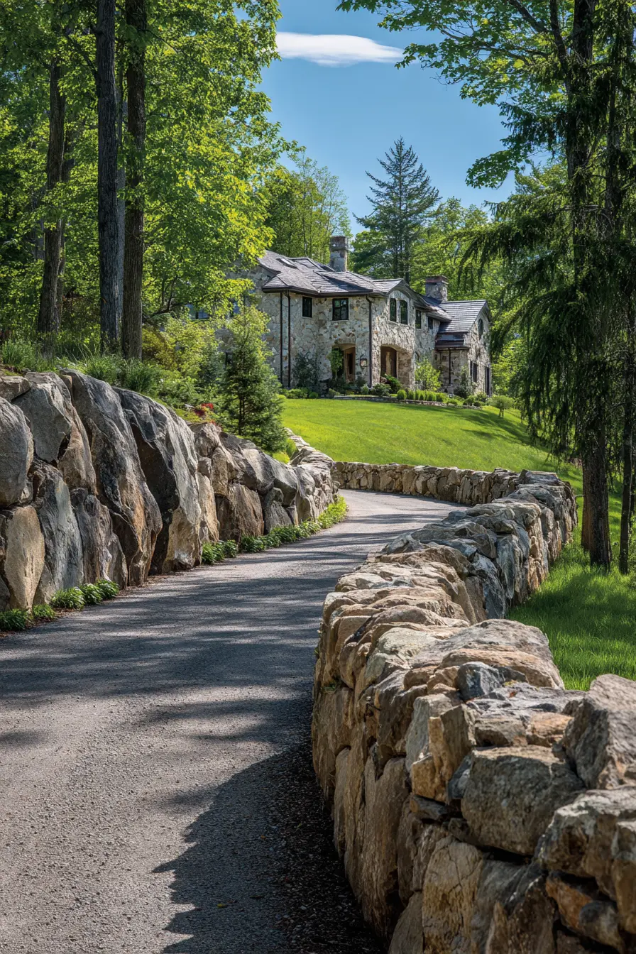 Stone-Lined Driveway with Rustic Charm
