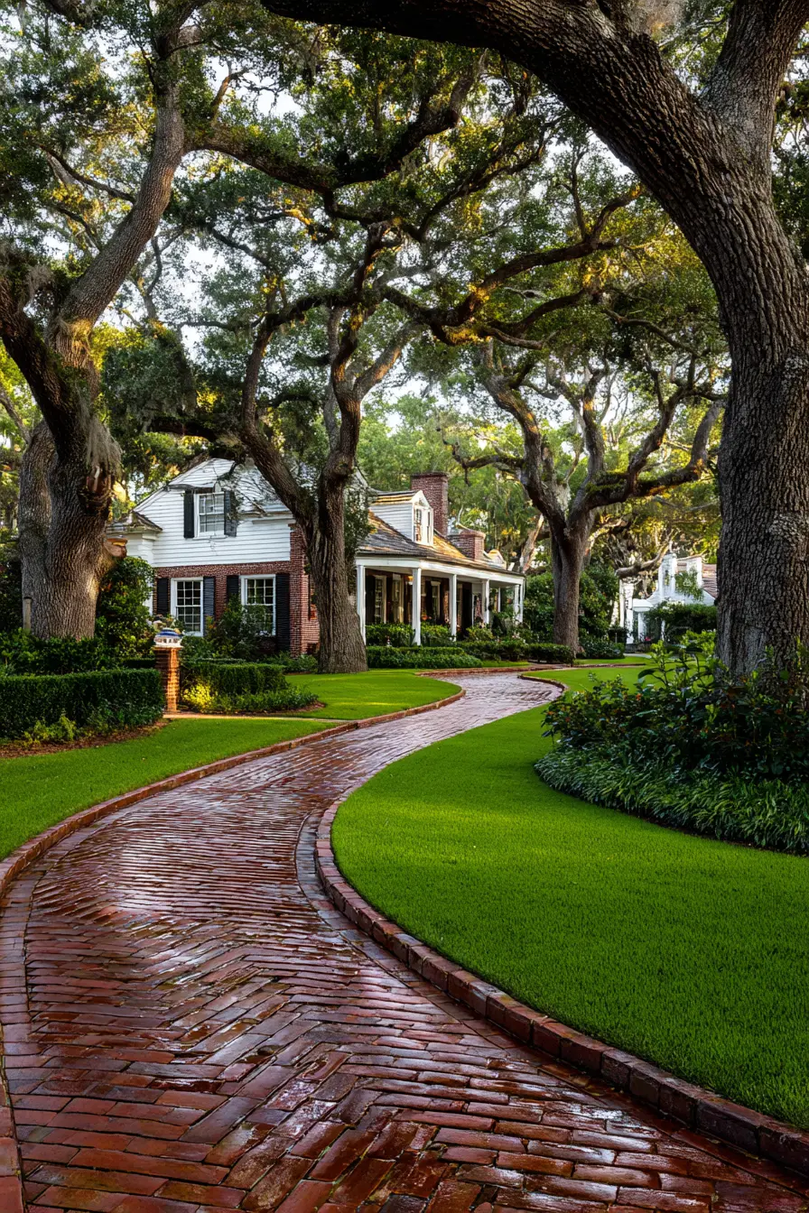 Brick Horseshoe Driveway Under Majestic Oaks