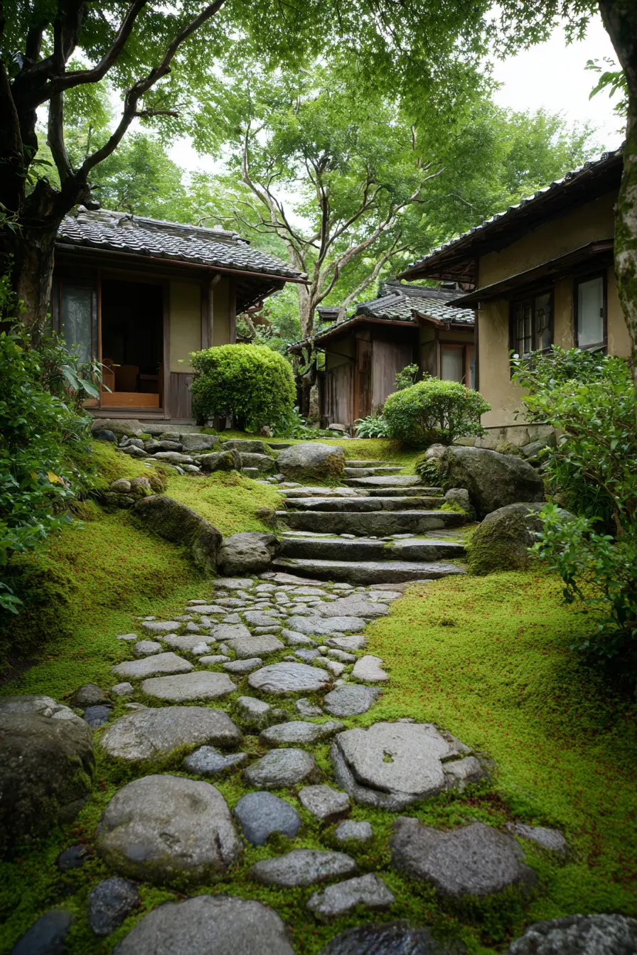 Stone Grass Walkway in a Japanese Garden