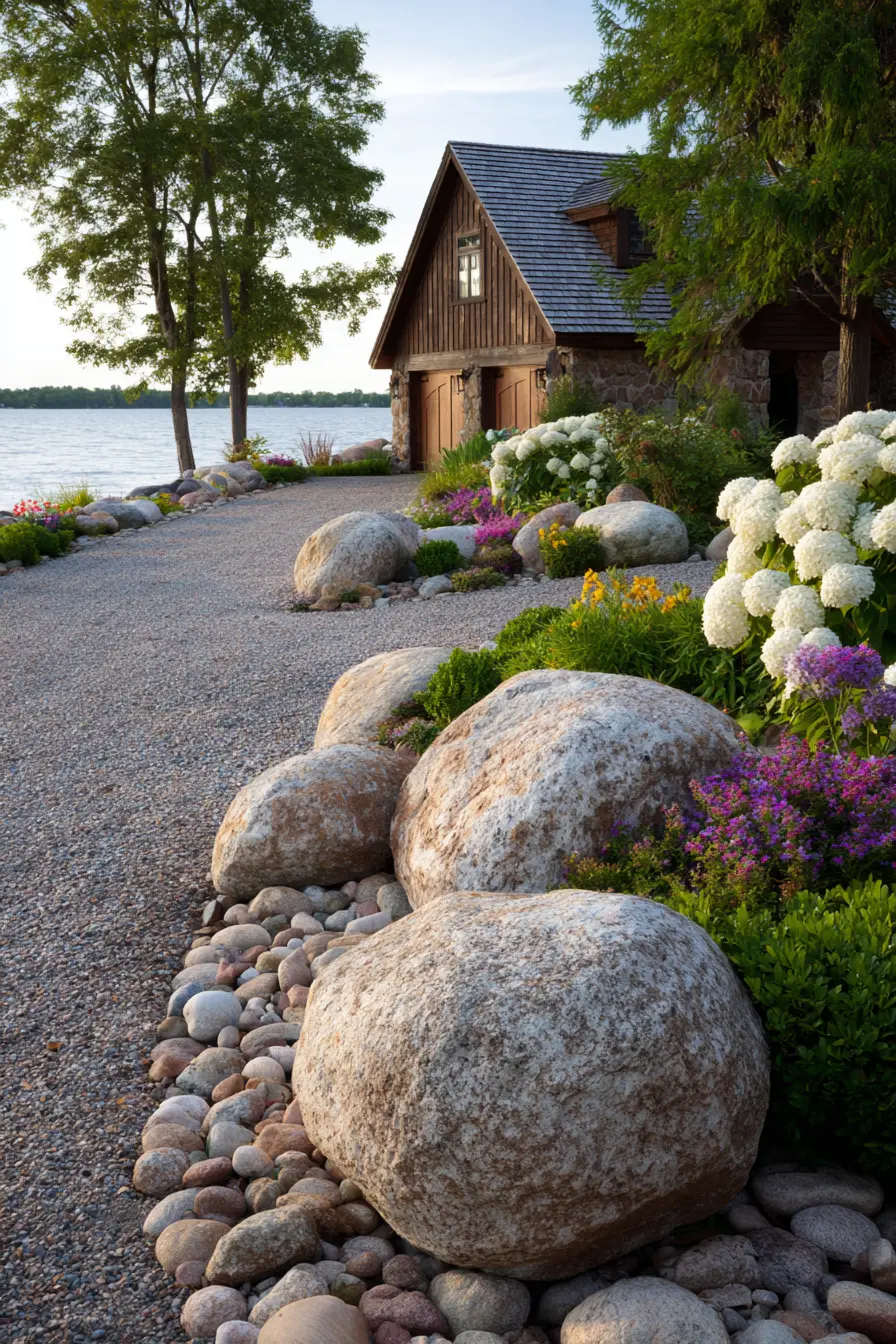 Lakeside Driveway with River Rock and Garden Blooms