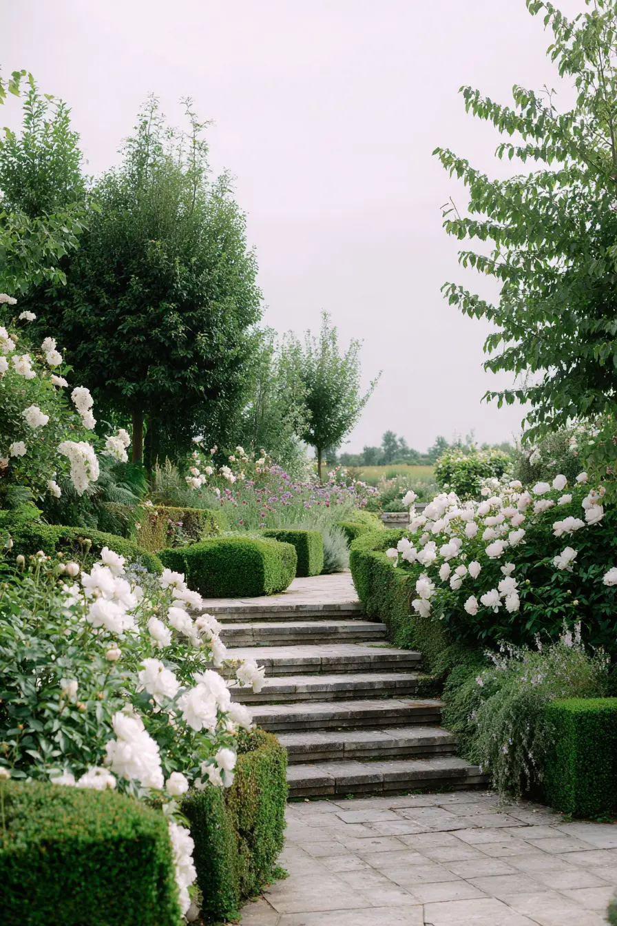 Elegant Garden Stairs with White Roses