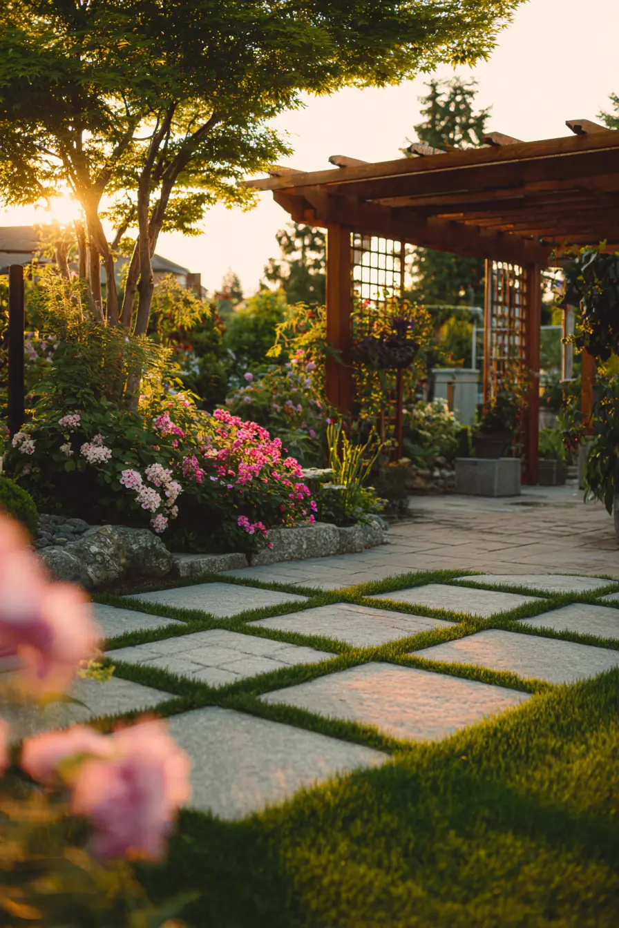 Sunset Garden with Grass and Paver Path