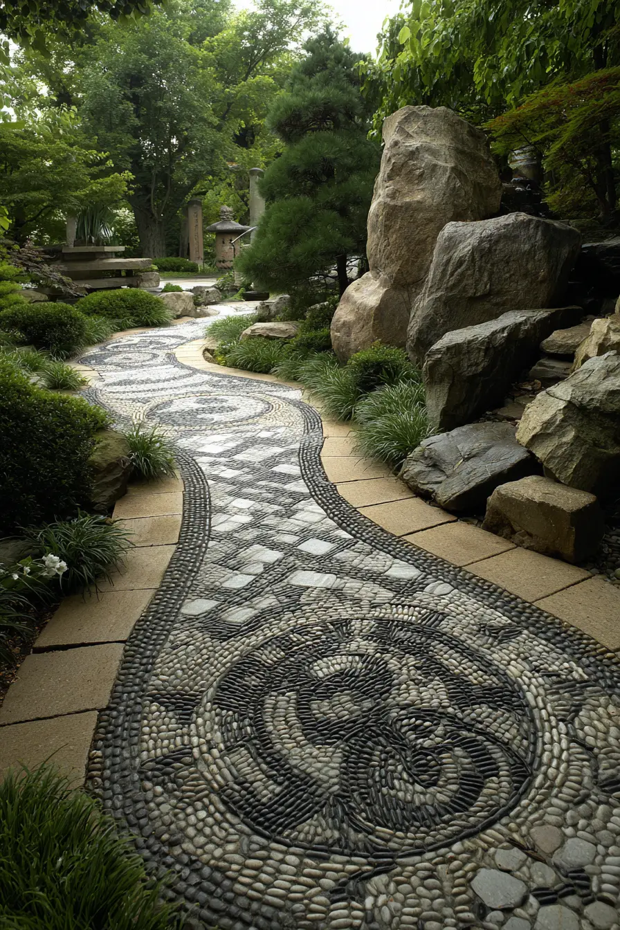 Artistic Pebble Mosaic Border with Zen Appeal