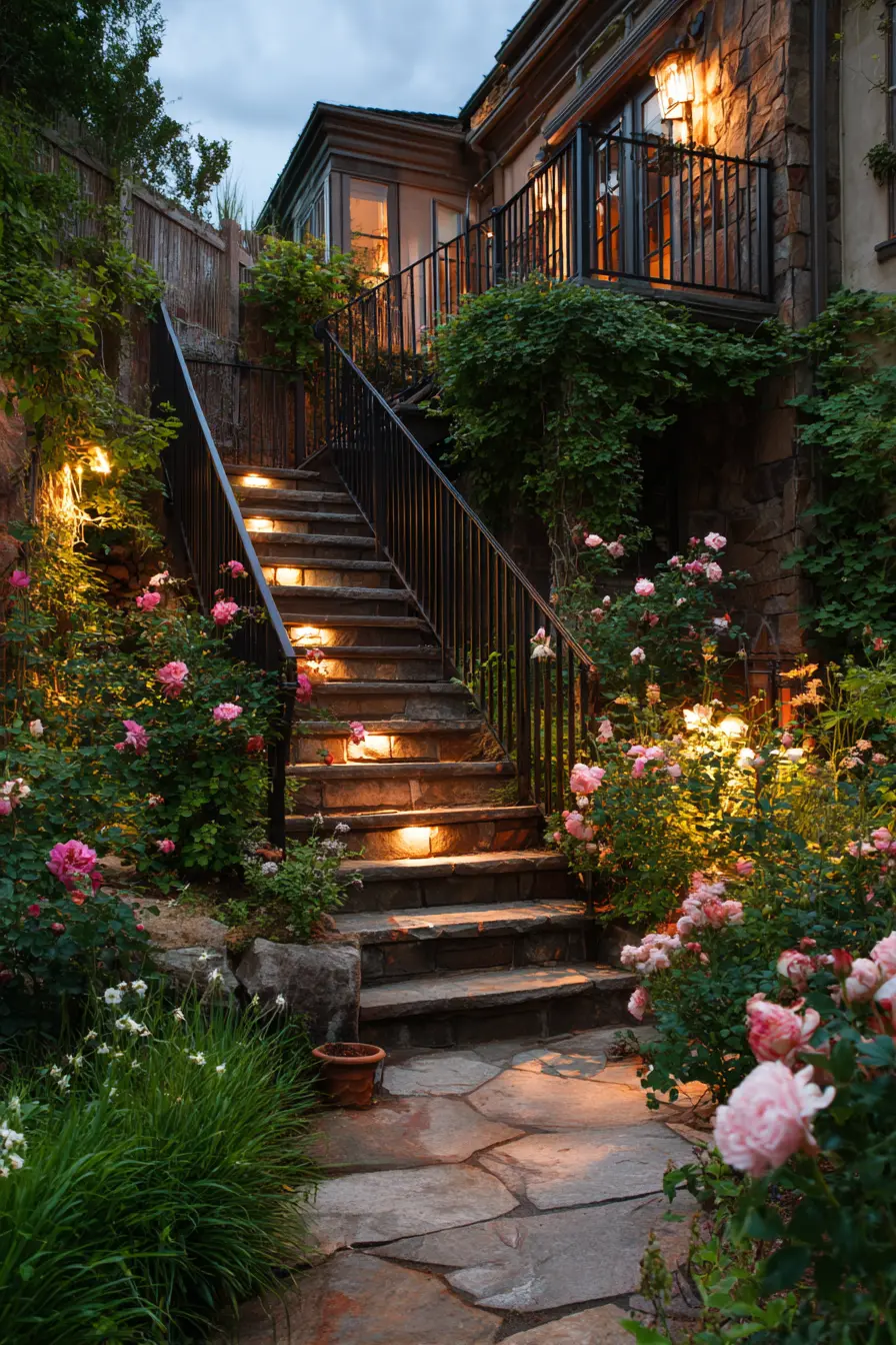 Stone Stair Risers with Romantic Garden Lighting
