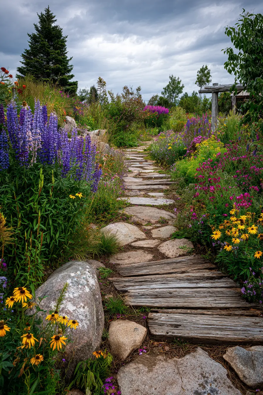 Rustic Garden Path with Stones and Timber
