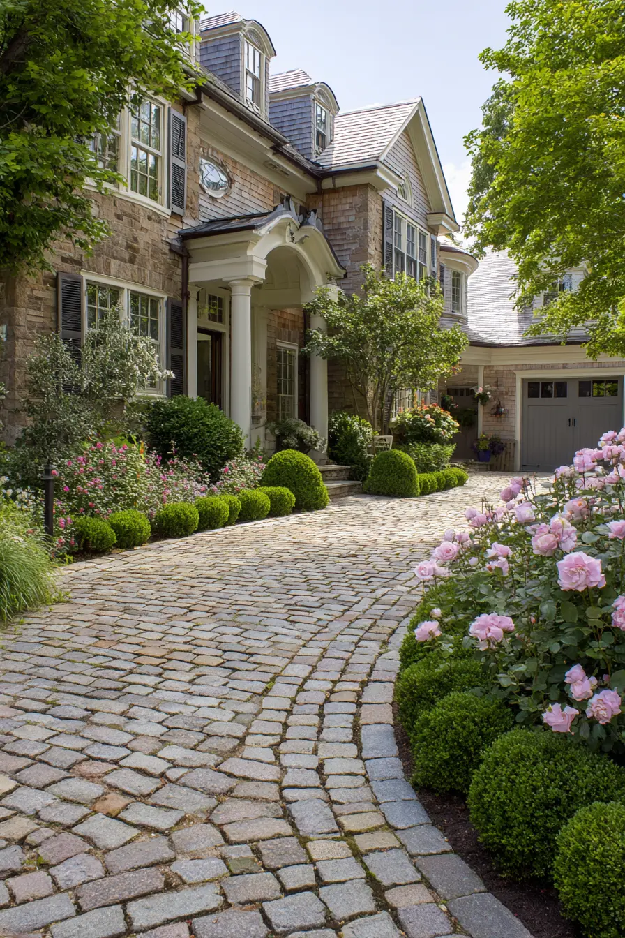 Curved Cobblestone Parking Pad with Garden Elegance