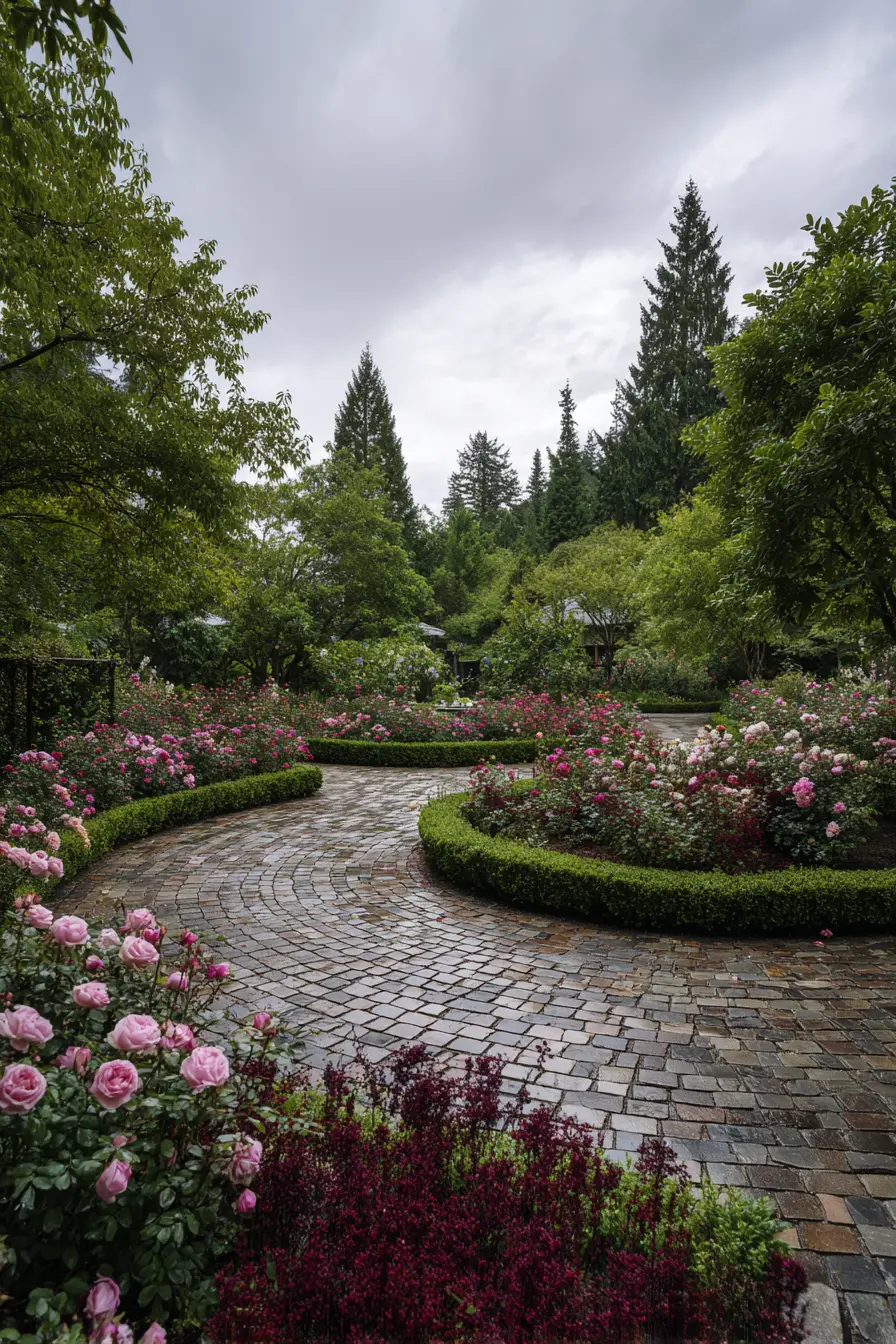Cobblestone Pathway Surrounded by Roses
