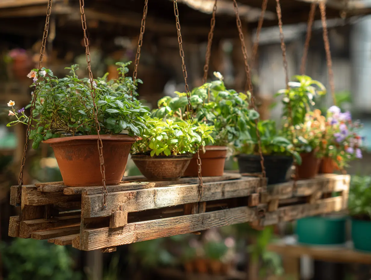 Suspend a Pallet Horizontally From Chains and Use It to Hang Small Planters