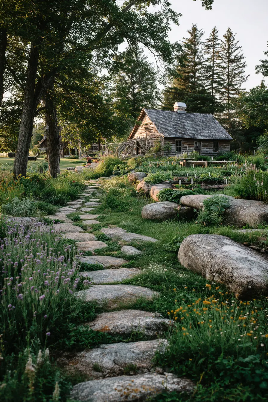 Rustic Limestone Walkway Leading to a Country Cabin