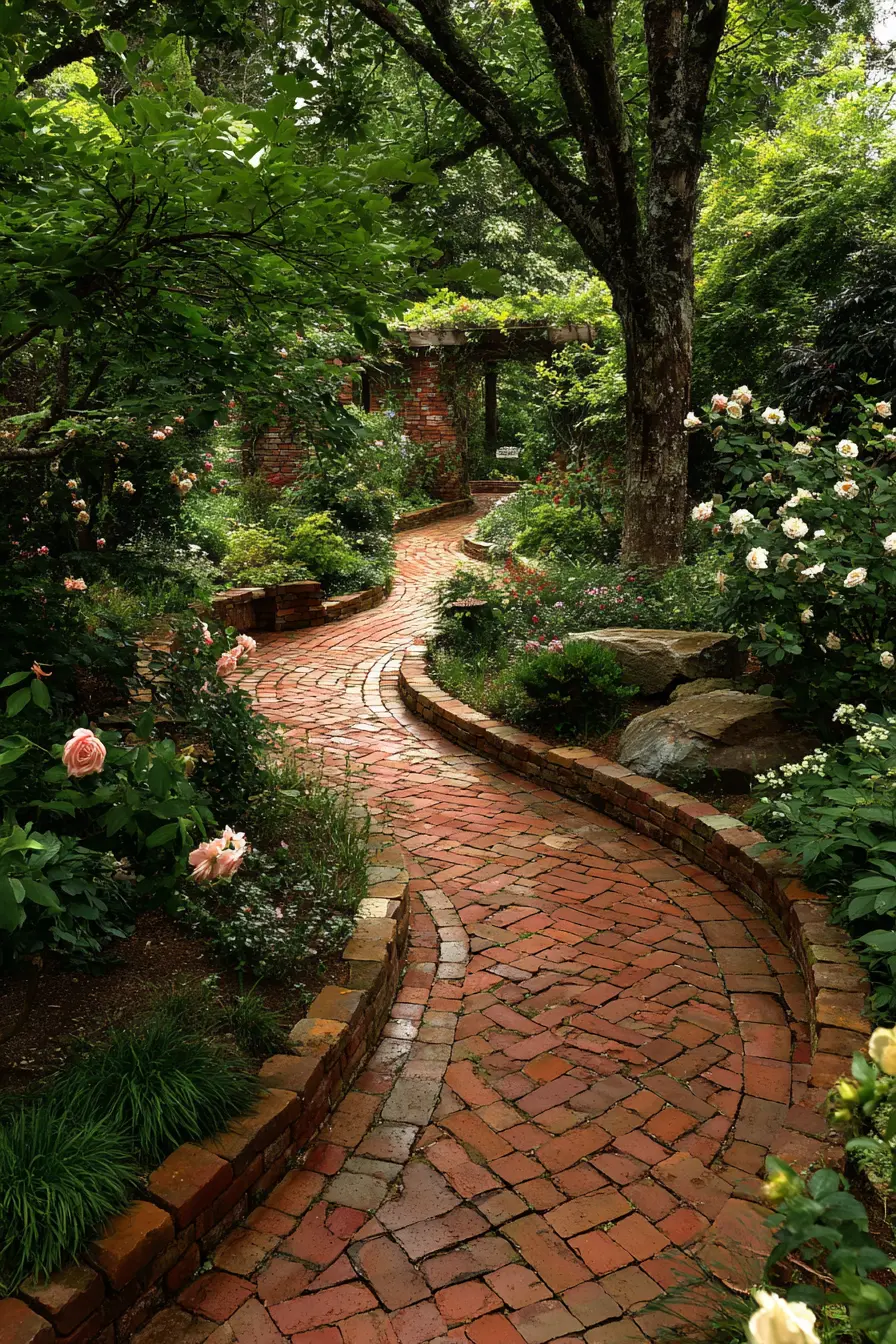 Curved Brick Pathway with Rose Borders