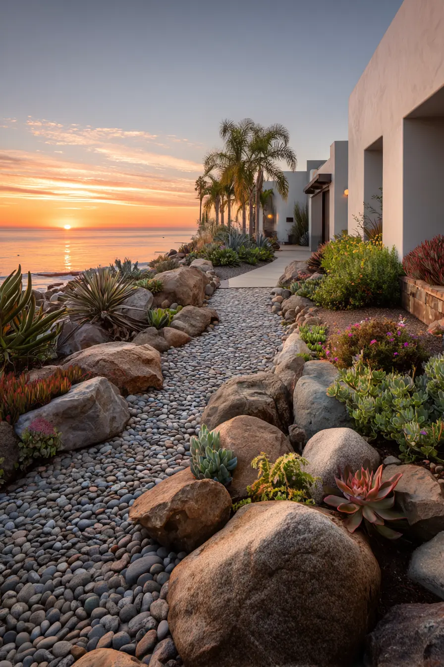 Coastal Gravel Drainage with Succulent Landscaping