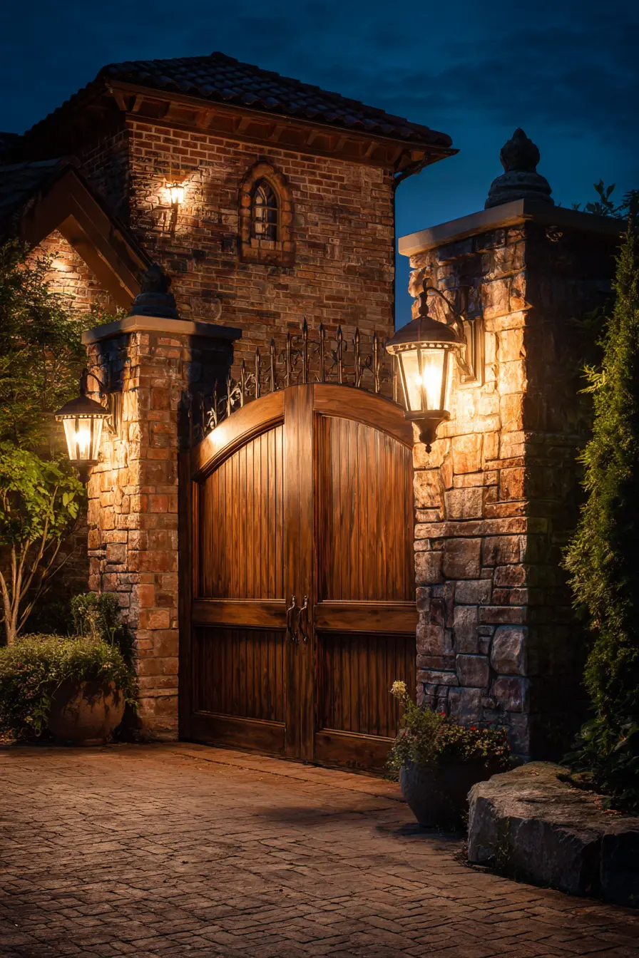 Rustic Gate Entrance with Lantern Glow