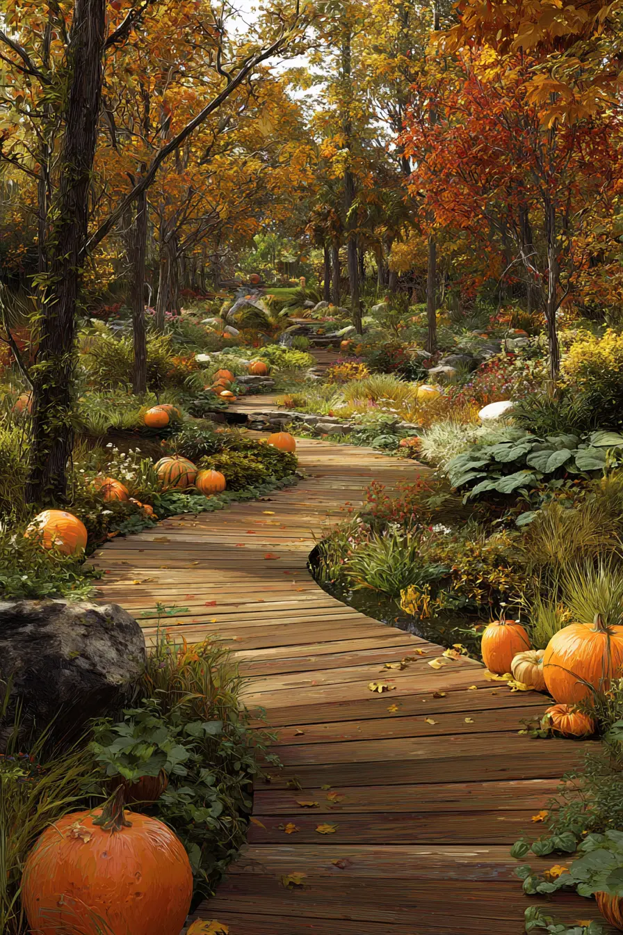 Autumn Wooden Pathway with Pumpkin Accents