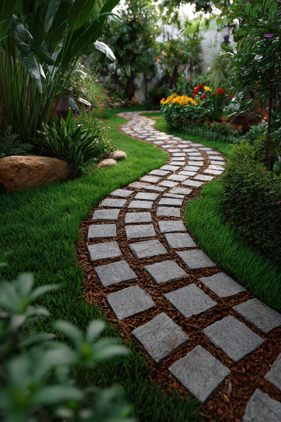 Mulch-Filled Pathway with Stone Pavers