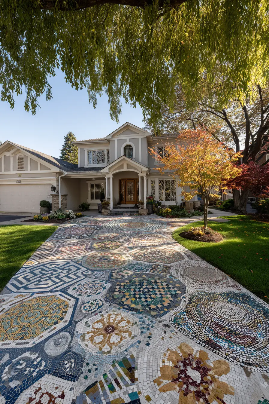 Artistic Mosaic Driveway Cover with Bold Patterns