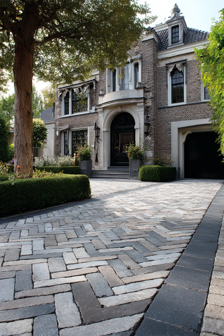 Classic Herringbone Cobblestone Driveway with Refined Charm