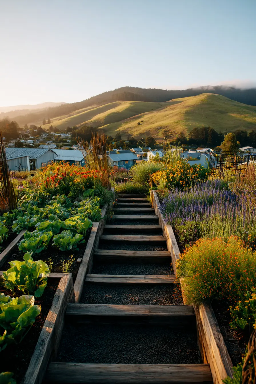 Wooden Steps Through a Colorful Hillside Garden