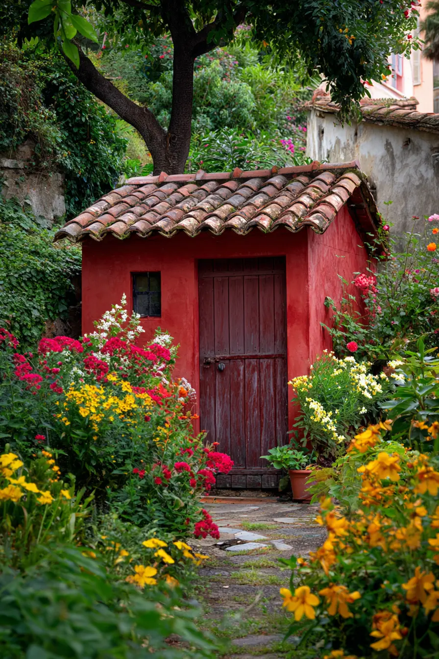 Rustic Red Metal Shed with Mediterranean Charm