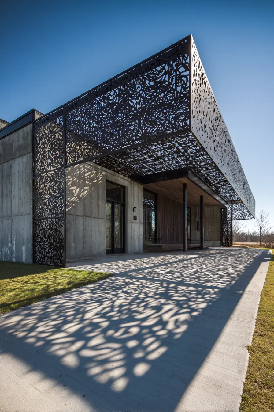 Artistic Overhang Roof with Metal Cutouts