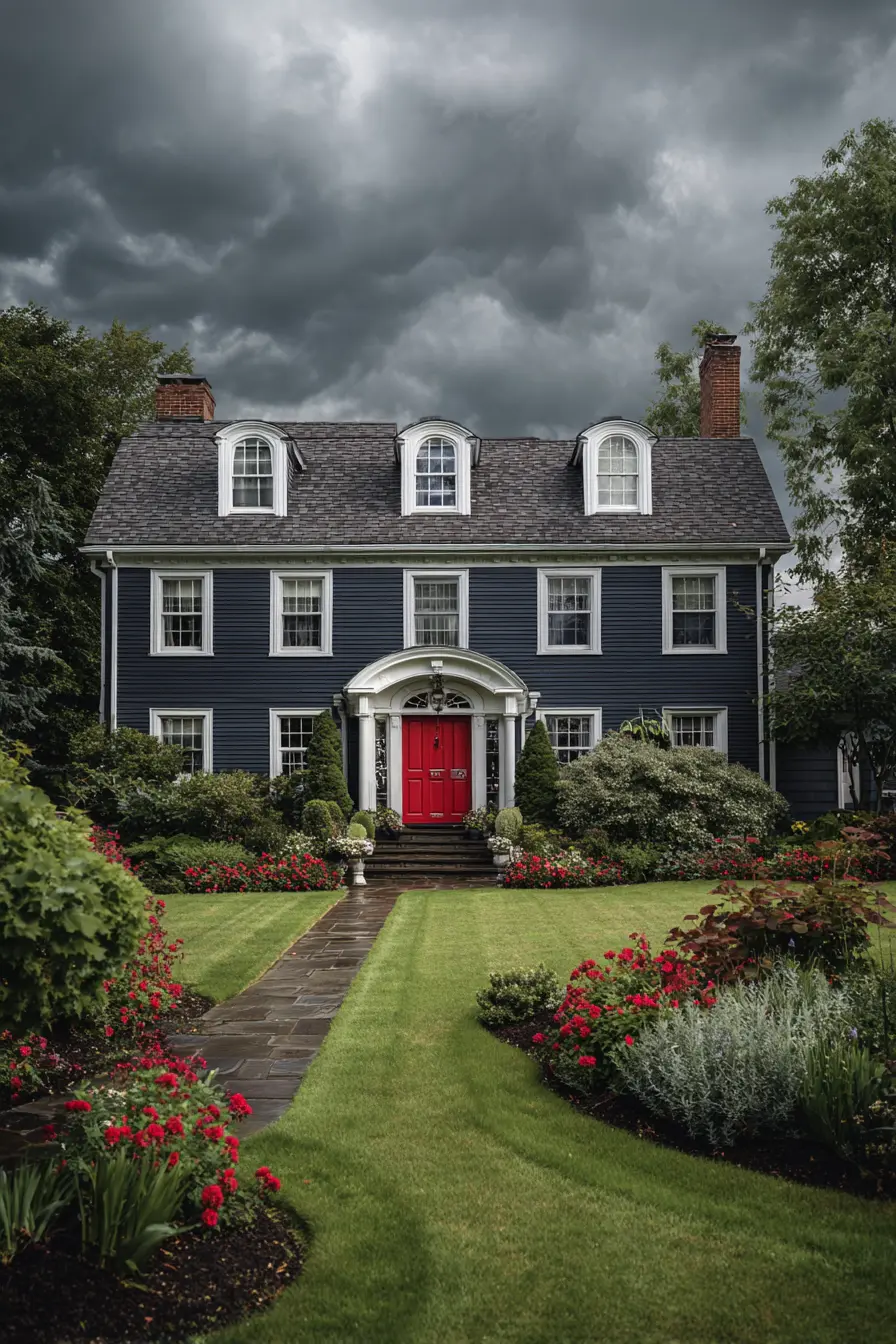 Stately Dark Green Colonial with Bold Red Door