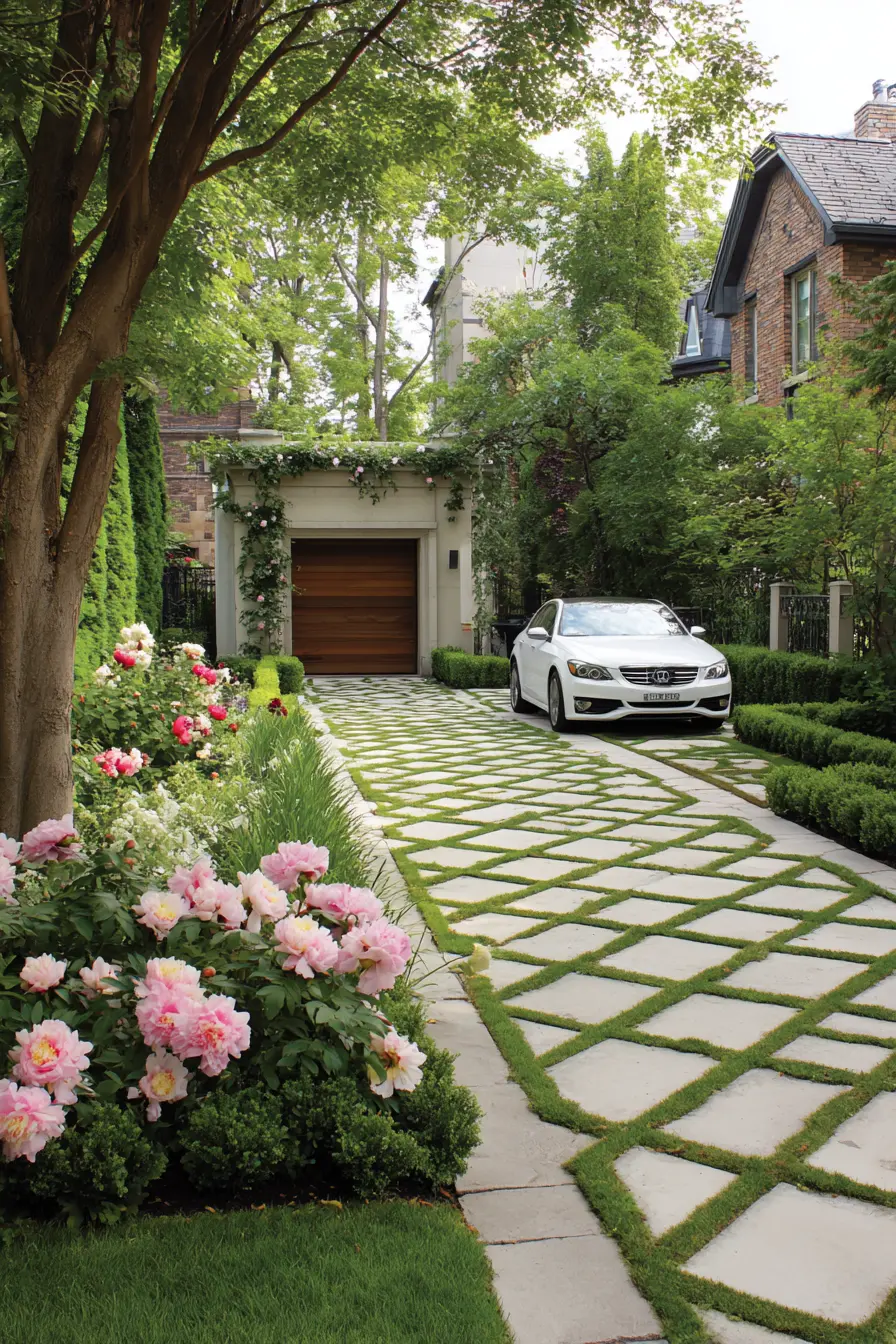 Grass-Pattern Driveway with Garden Beauty