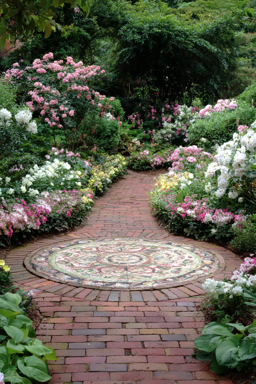 Floral Mosaic Circular Brick Pathway