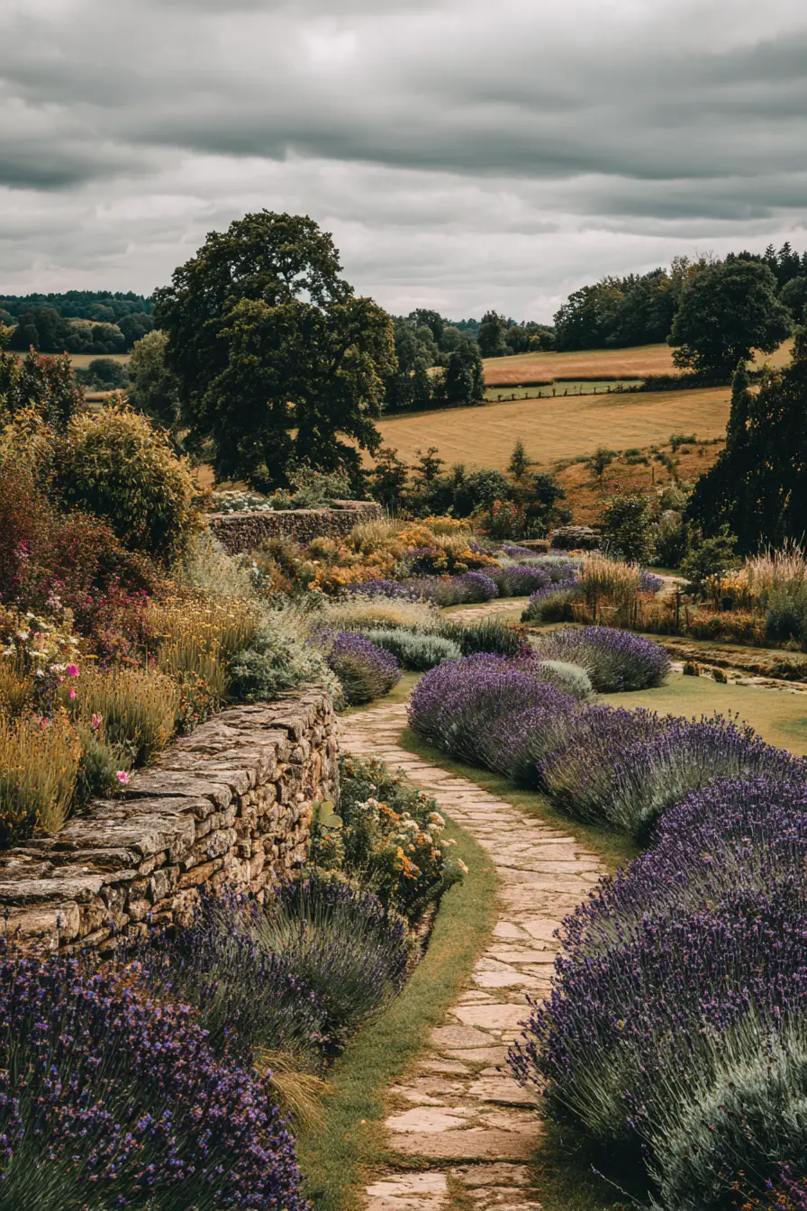Gravel Pathway Lined with Lavender and Stone Walls