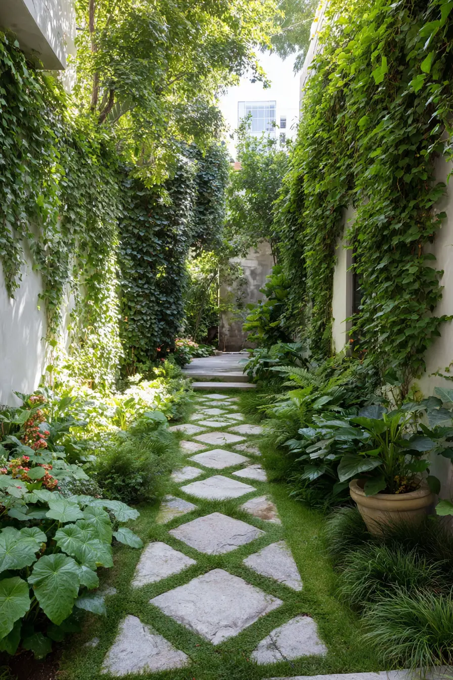 Diamond Pattern Stone Pathway with Lush Greenery