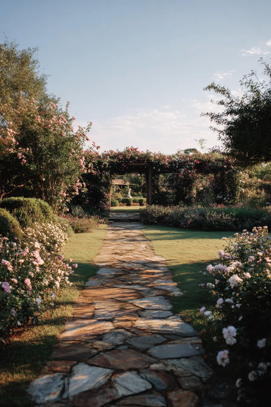 Romantic Walkway with Stone Path and Rose Arbor